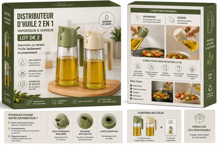Lot de 2 Distributeurs d’Huile 2 en 1 – Spray & Verseur
