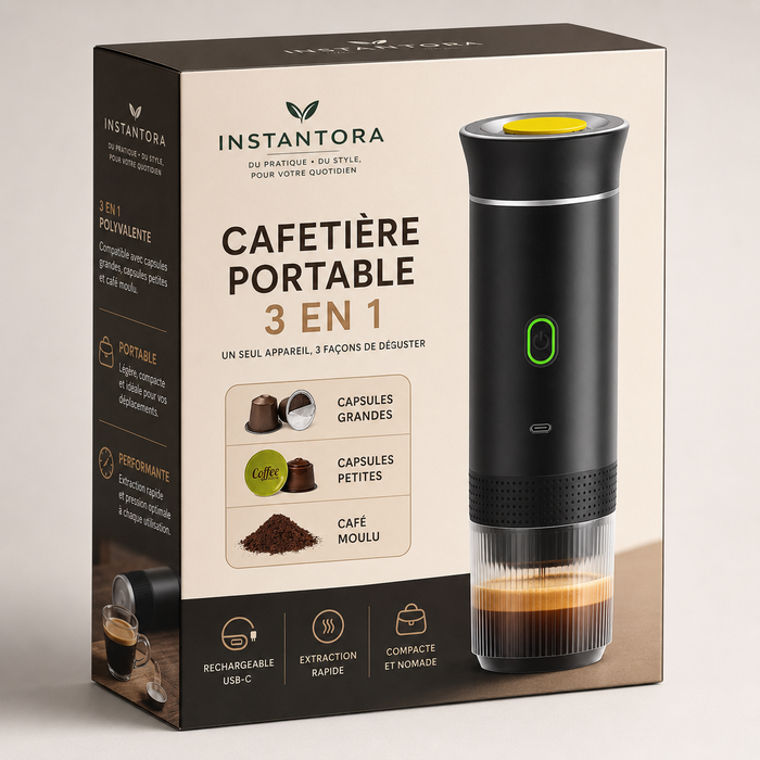 Cafetière Portable 3 en 1 – Capsules & Café Moulu